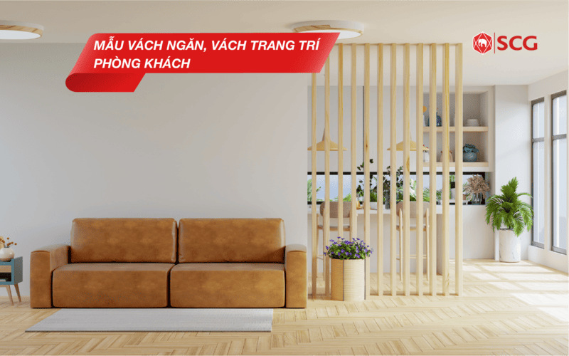 Vách ngăn cầu thang phòng khách đẹp bằng lam gỗ tự nhiên với kệ tích hợp